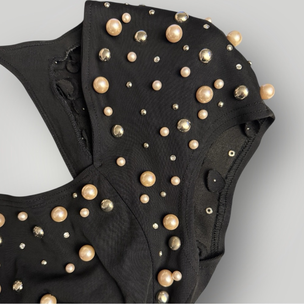Vintage 1980s Eletra Casadei Pearl & Rhinestone Mini Black Dress - Size Medium - Picture 7 of 10